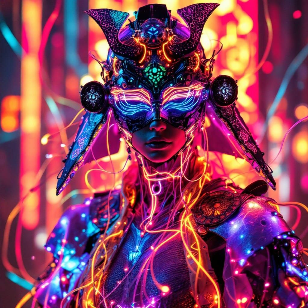 Futuristic Samurai in Biomechanical Neon Cityscape