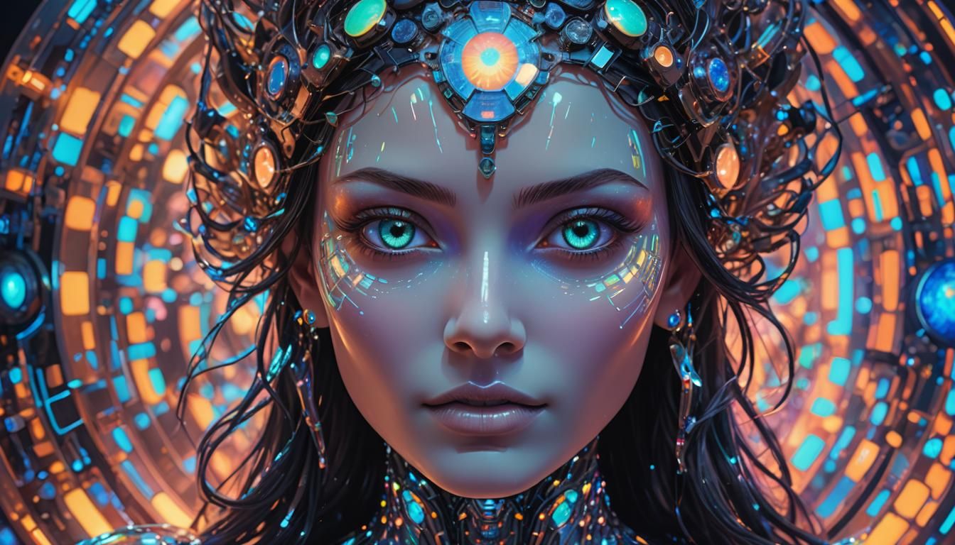 Translucent AI Goddess in Opal Hologram