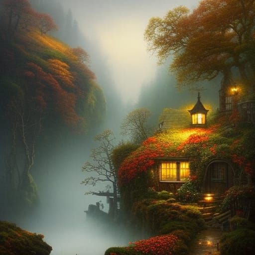 Autumn Garden Cottage: Monochromatic Illustration