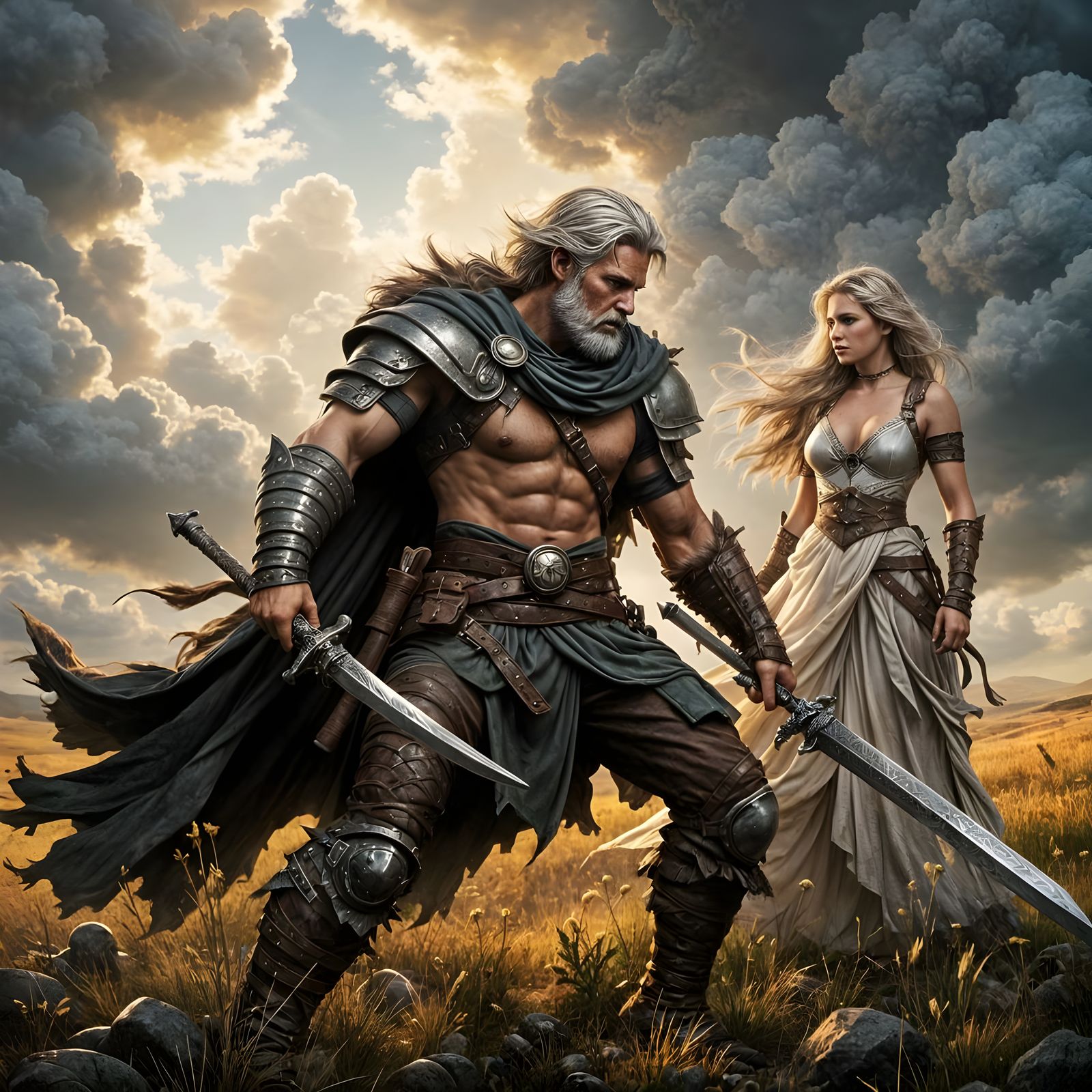 Barbarian Warrior Protecting Maiden in Hyperdetailed Digital...