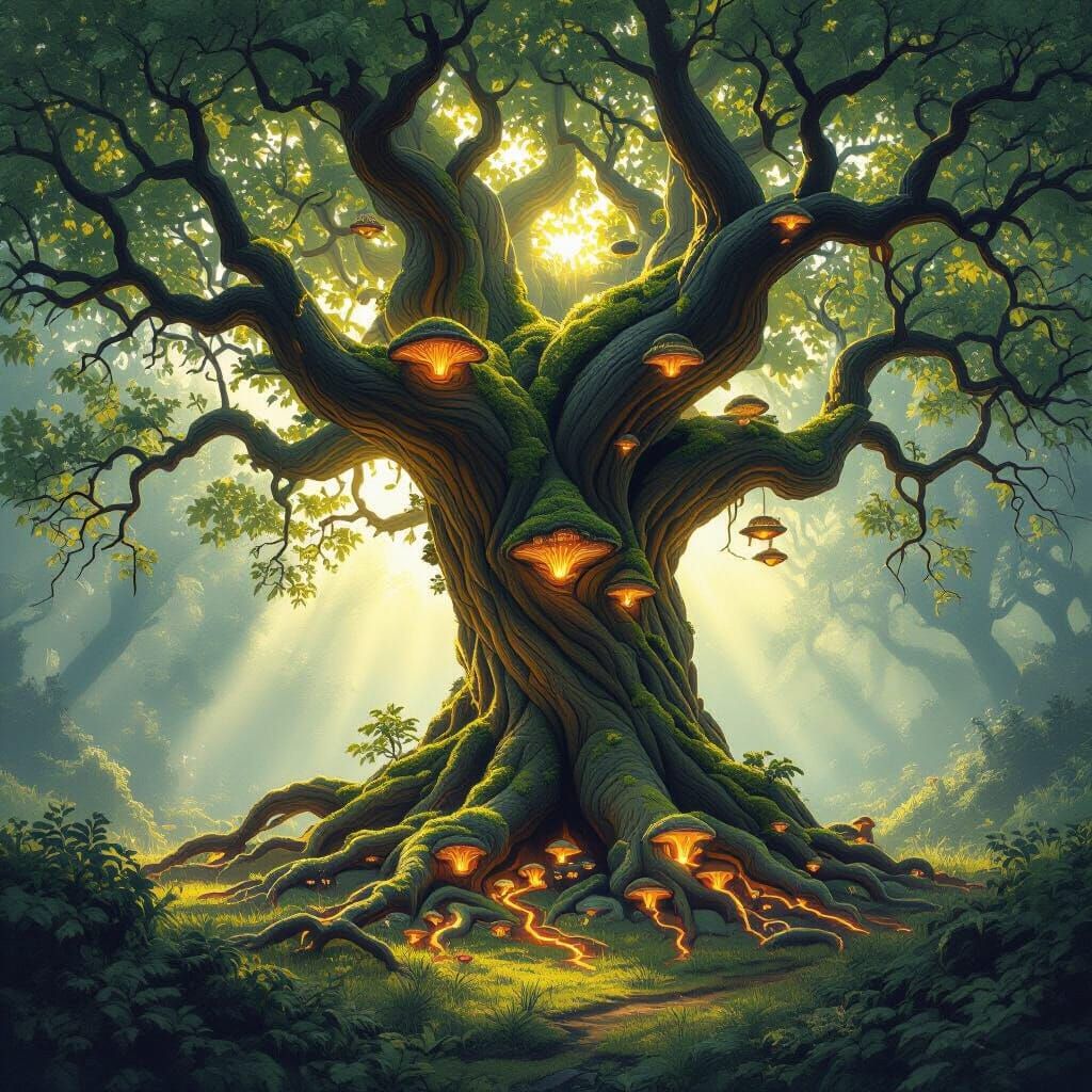 Majestic Ancient Tree with Glowing Roots in Forest