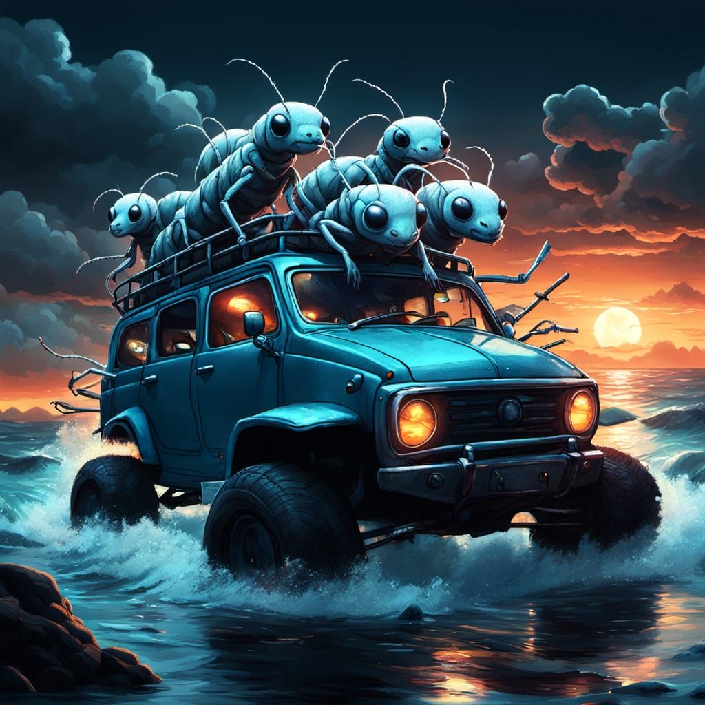 Furry Ants Drive Car Into Sea: Surreal Dark Fantasy