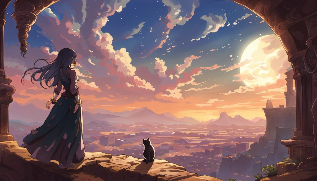 Fantasy Desert Tomb with Cat Girl in Anime Style