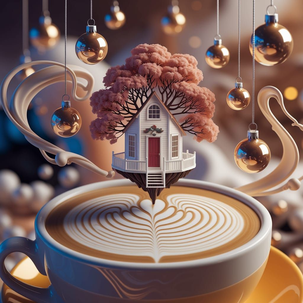 Surreal Treehouse Latte Art in Vibrant Colors