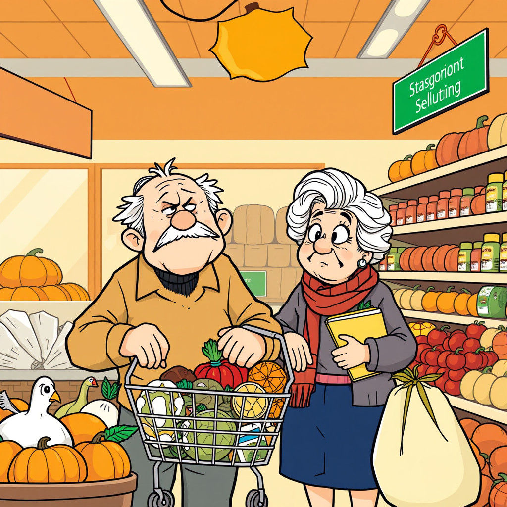 Cartoon Old Couple Grocery Shopping for Thanksgiving