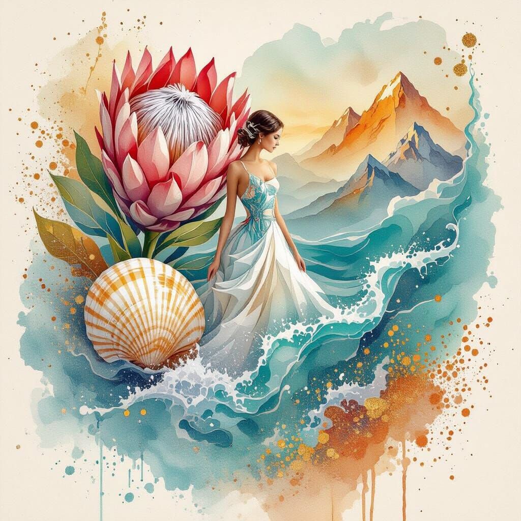 Surreal Watercolor: Dress, Seashell, and Mountain Embrace