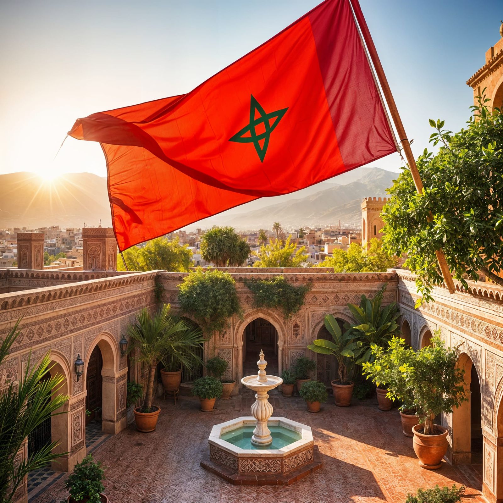 Moroccan Flag Waving Above Riad Courtyard
