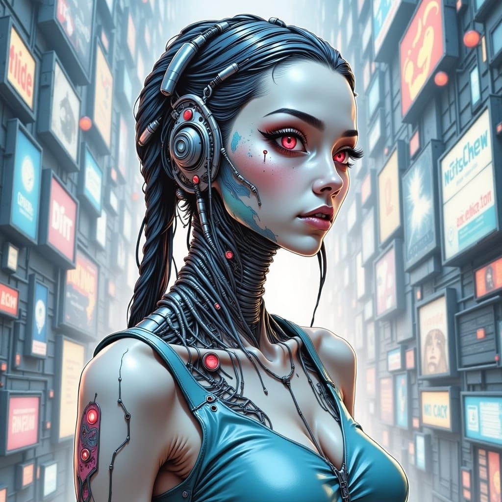 Sneering Cyborg Woman in Cyberpunk Style