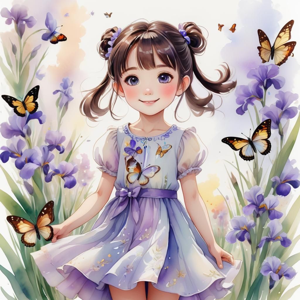 Delicate Anime Portrait of Smiling Girl in Watercolor
