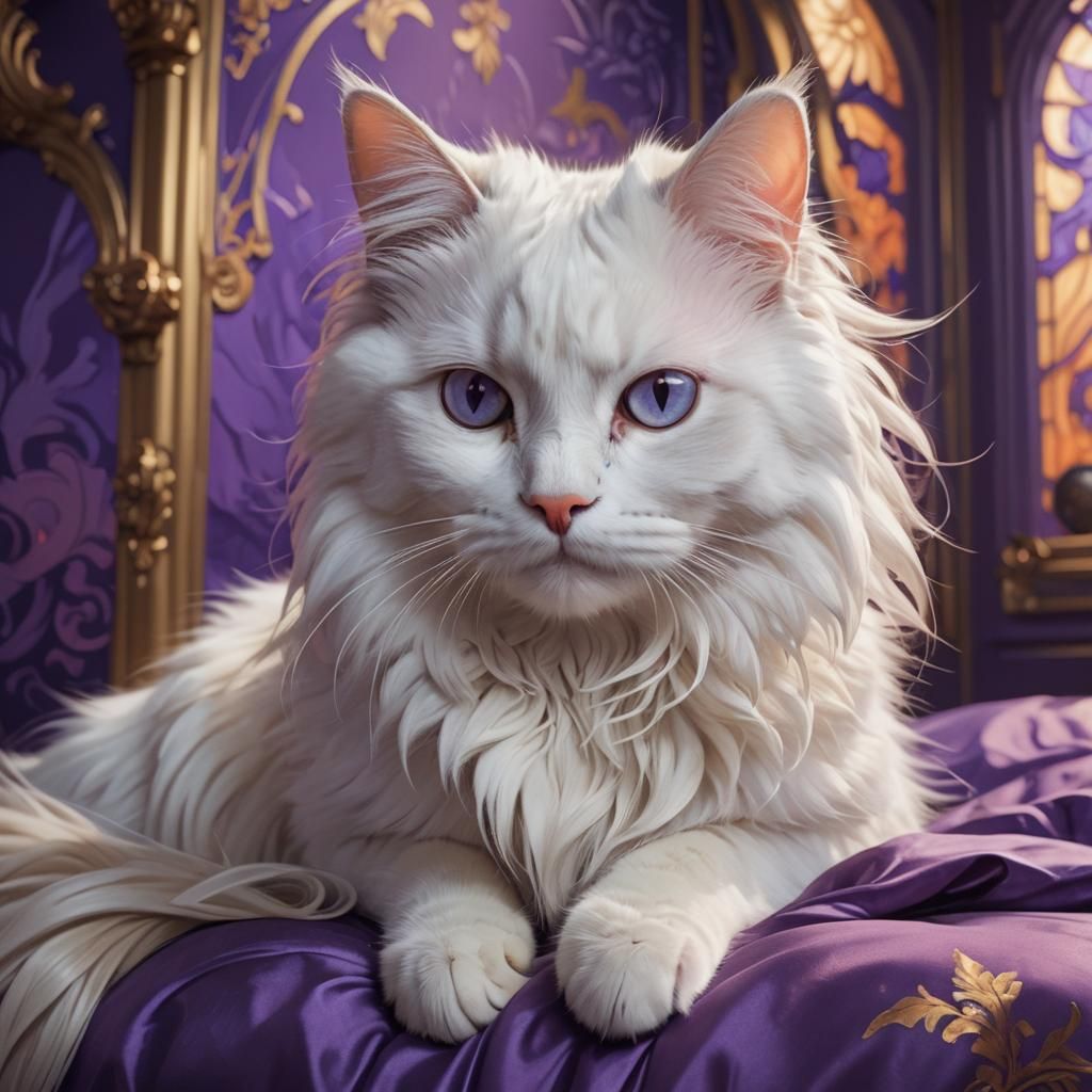 Elegant White Cat Portrait in Purple Bedroom