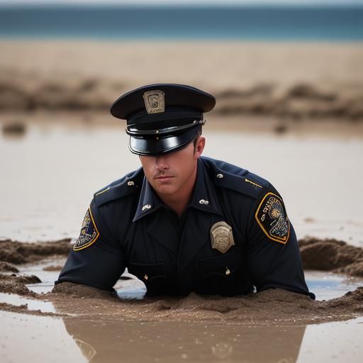 Male Police Officer Sinking in Quicksand