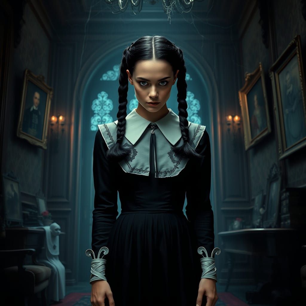 Gothic Romance Portrait of Wednesday Addams in a Dark Victor...
