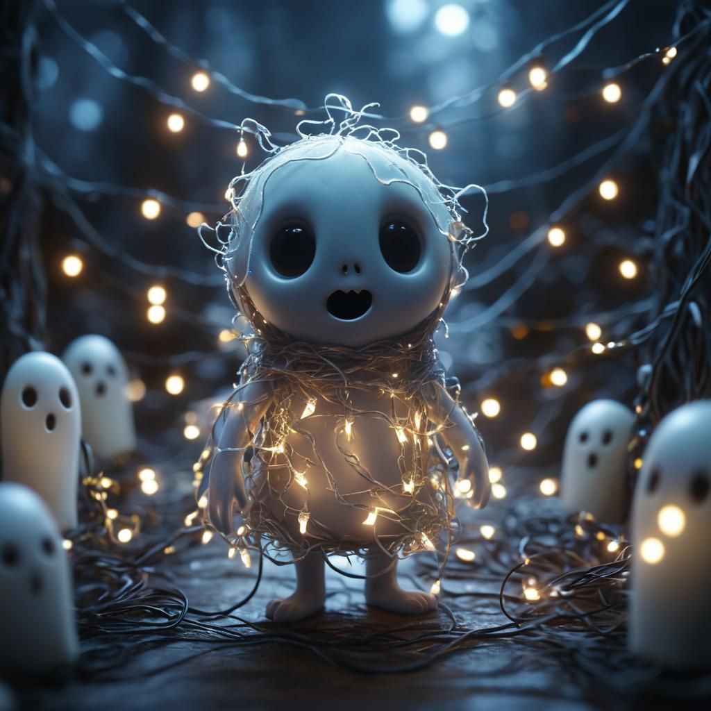 Cute Ghost Tangled in Fairy Lights, Eerie Backdrop