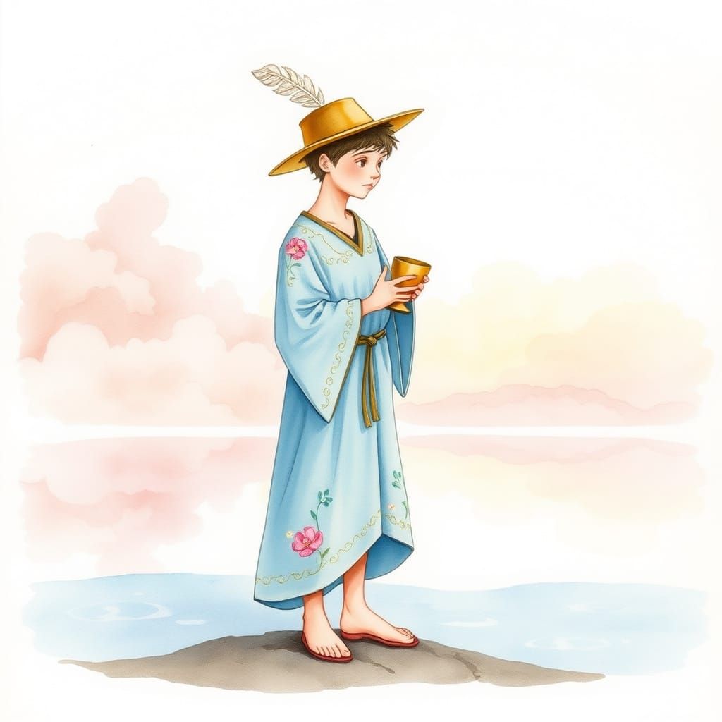 Watercolor Page of Cups Tarot Card Illustration