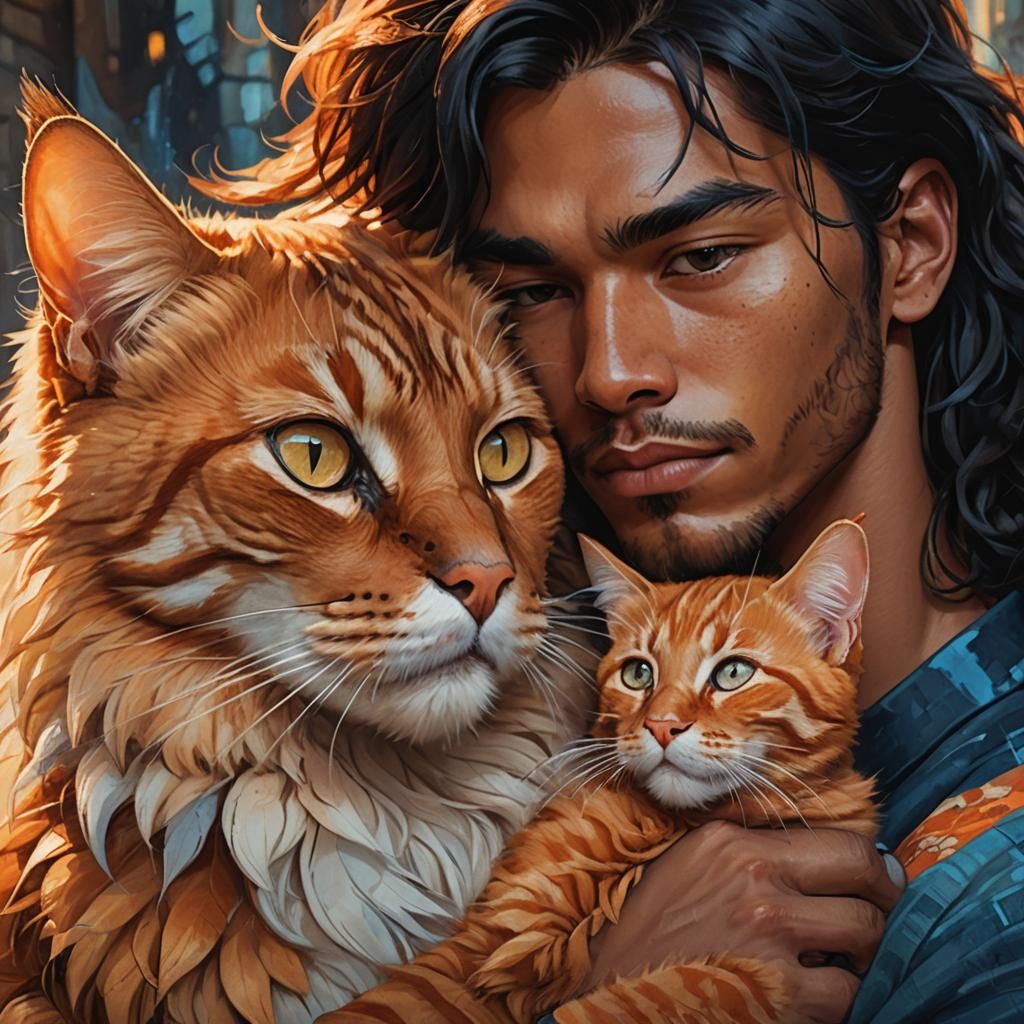 Man Cuddling Cat: Fantasy Portrait in Digital Art