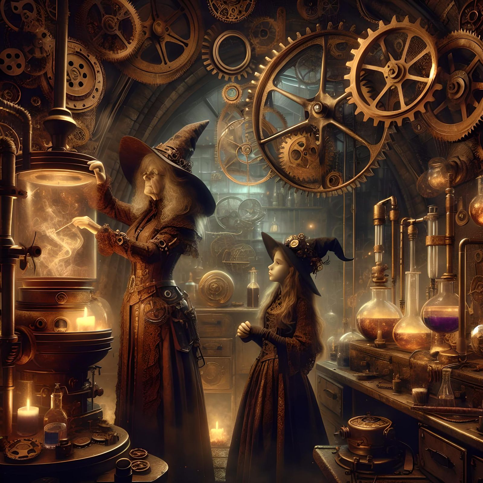 Steampunk Witch and Apprentice in Industrial Laboratory