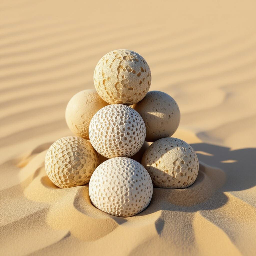 Six spheres stacked on soft sand