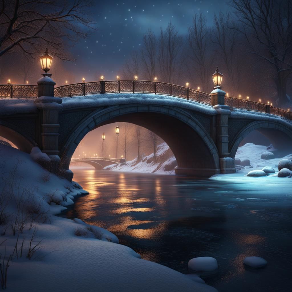 Night Snowfall on Frozen River Bridge