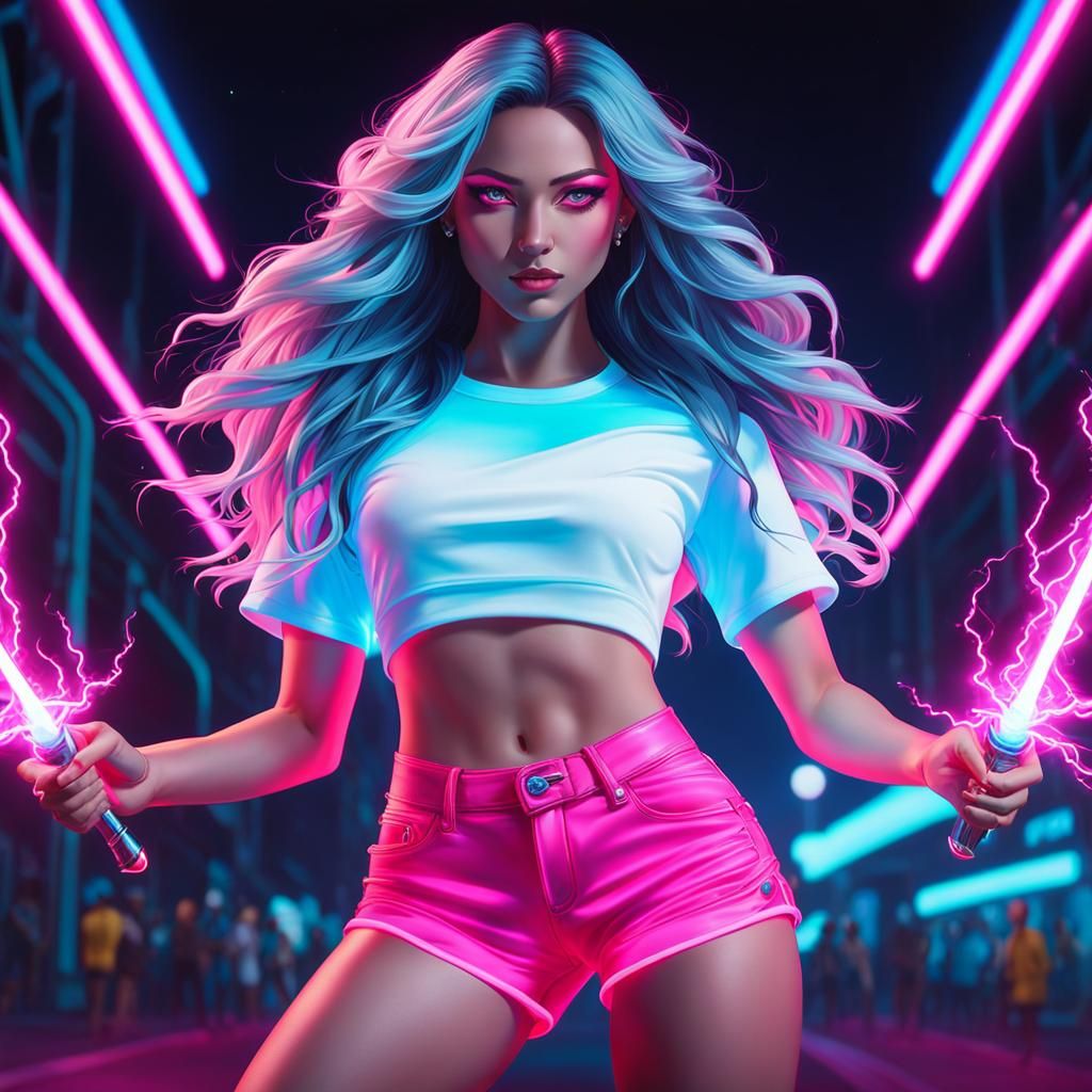 Cyberpunk Girl with Neon Pink Eyes and Magic