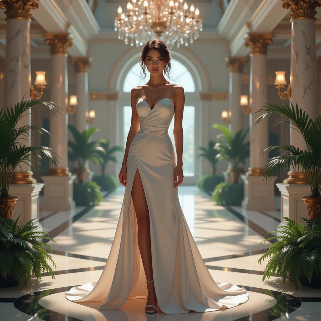 Woman in Ballroom with Juxtaposing Nature Elements