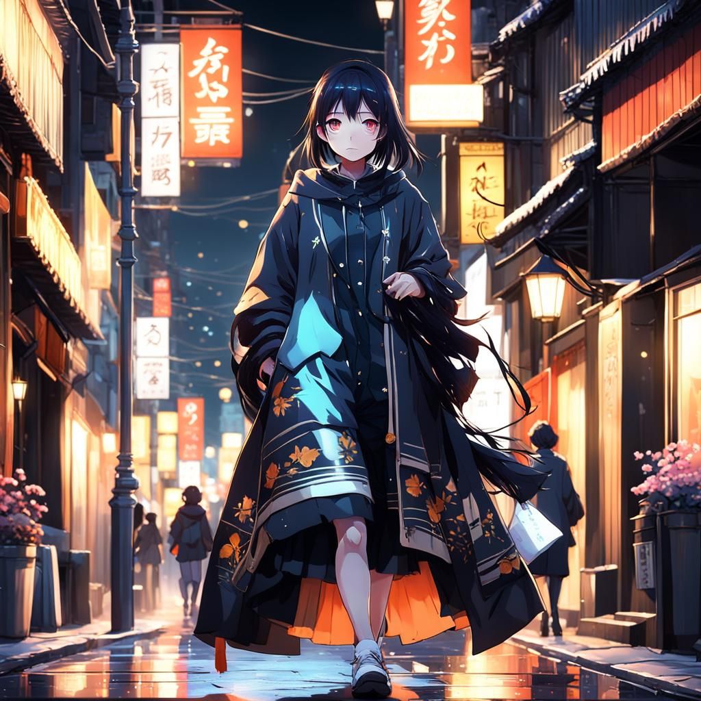 Anime Girl Walking at Night, 3D Rendered