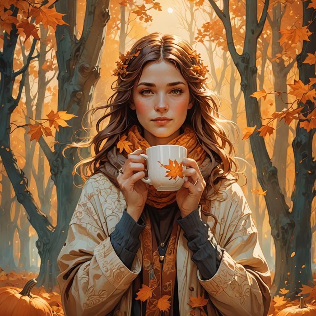 Woman with Coffee: Art Nouveau Autumn Landscape