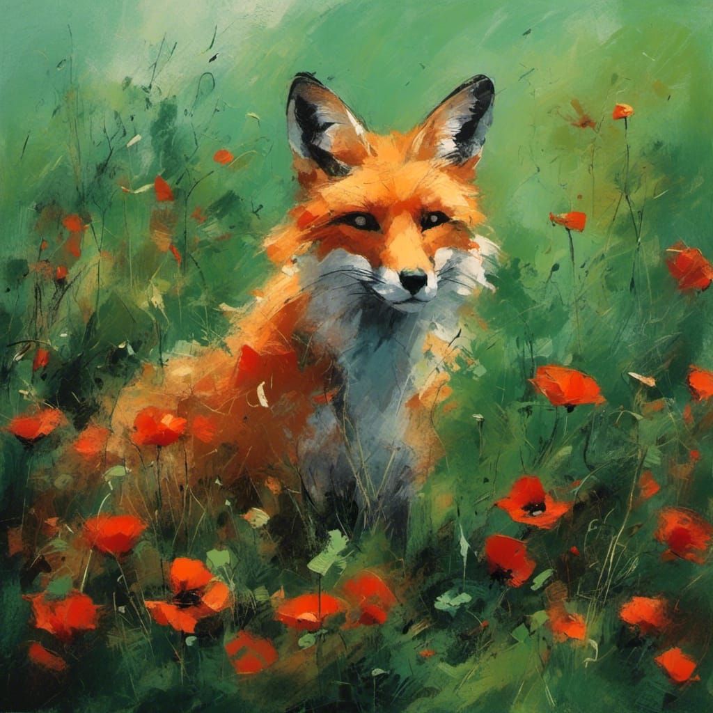 Red Fox in Poppy Field at Night