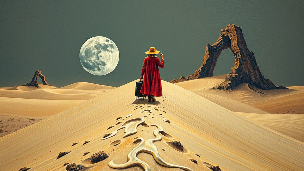 Lunar Sledding: Surreal Dreamscape in Oil on Canvas