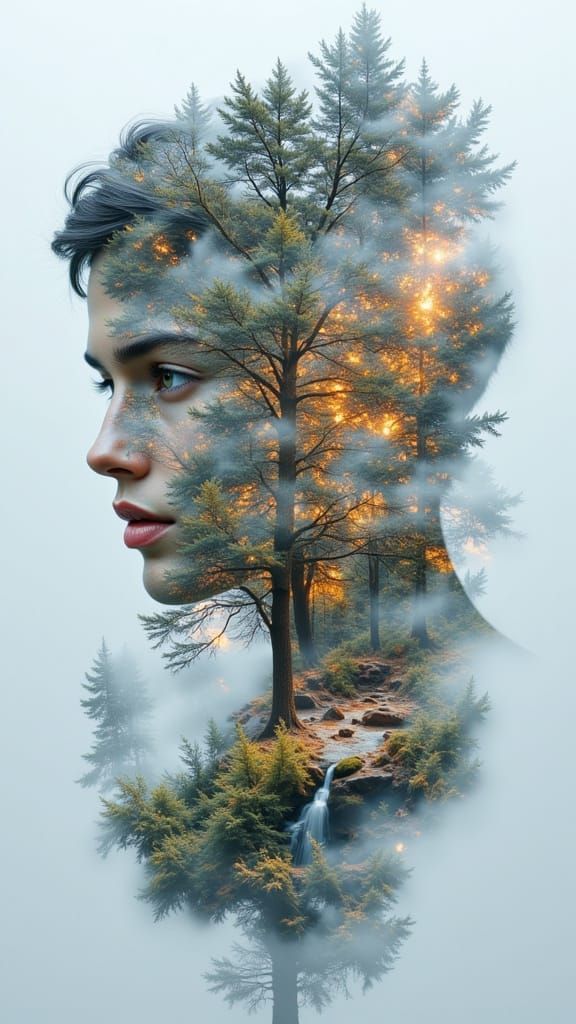 Surreal Double Exposure of Filament Person on Topographic Ma...