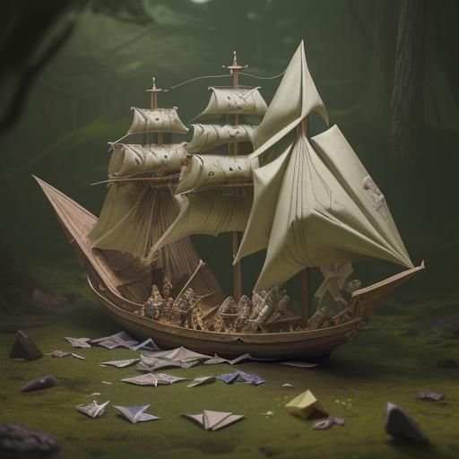 Origami Pirate Ship in High Fantasy Forest