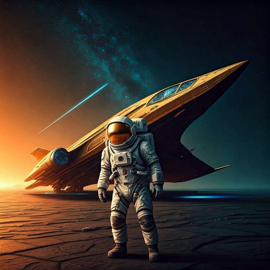 Futuristic Astronaut in Heroic Pose near Gleaming Spaceship