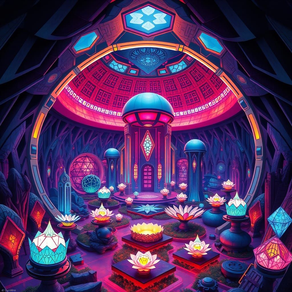 Futuristic Alien Sanctum in Ethereal Blue Purple Hues