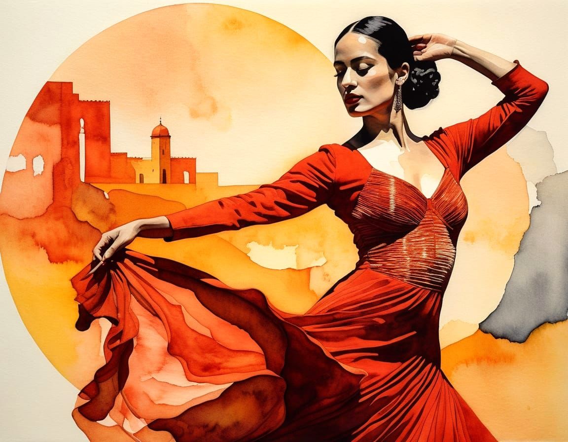Flamenco Dancer in Vibrant Amber Op Art Landscape