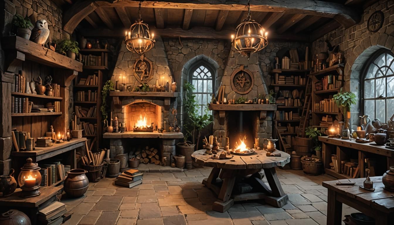 Medieval Wizard Lair with Cauldron and Barn Owl