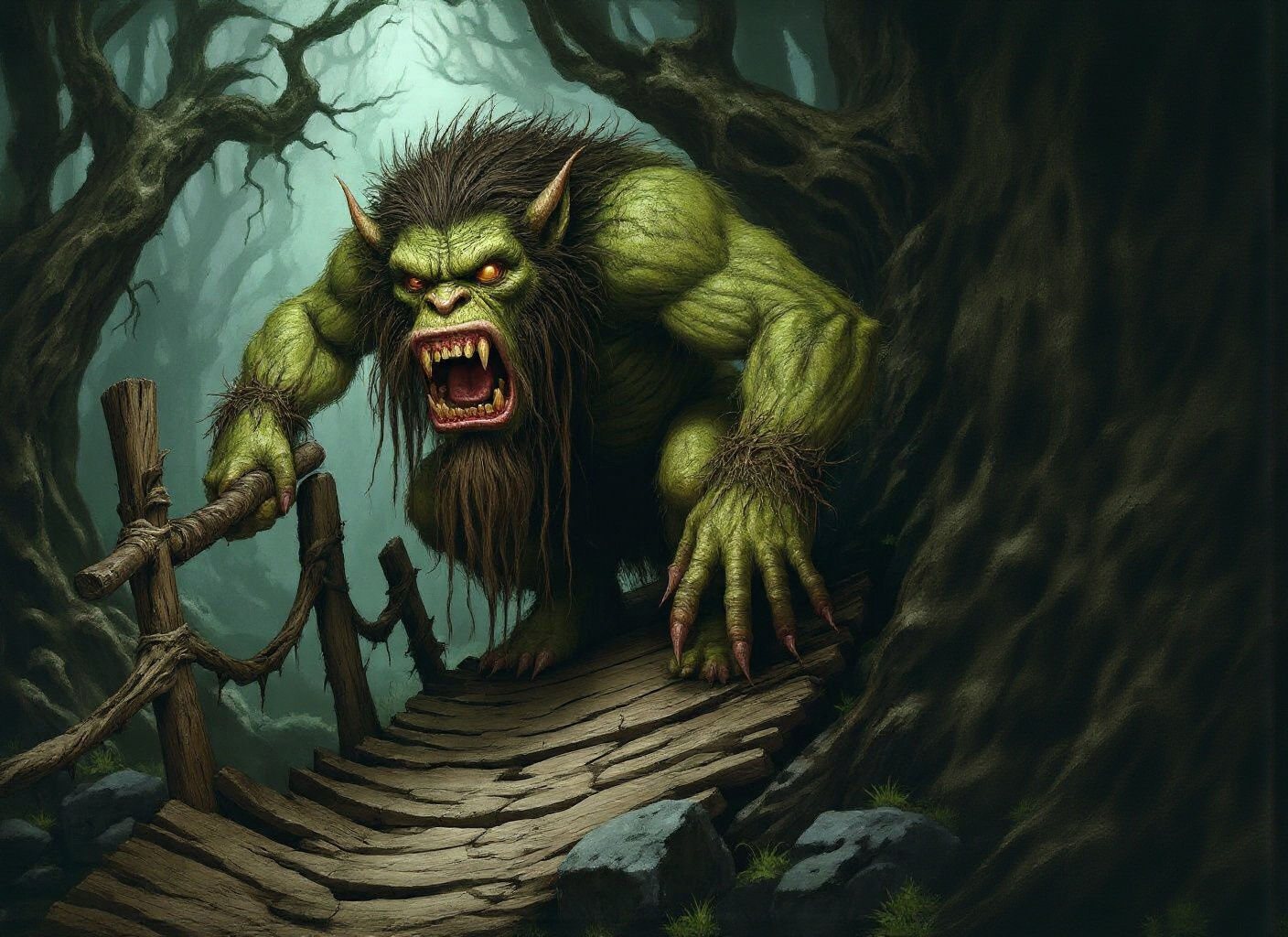 Grumpy Troll Guarding Bridge in Dark Fantasy Forest