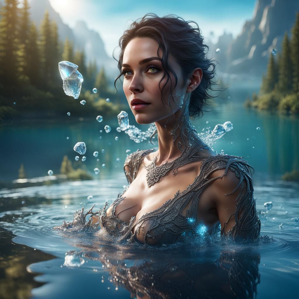 Crystal Water Woman Emerges from Lake
