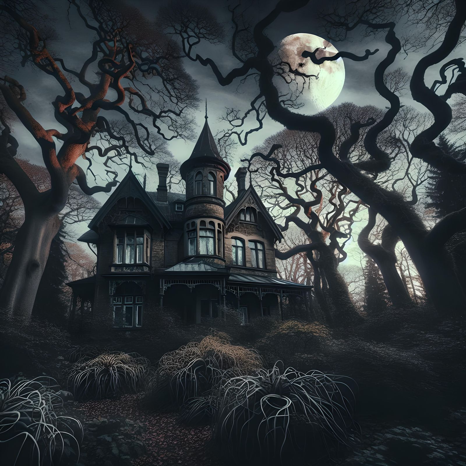 Eerie Gothic Revival House in Mystical Forest