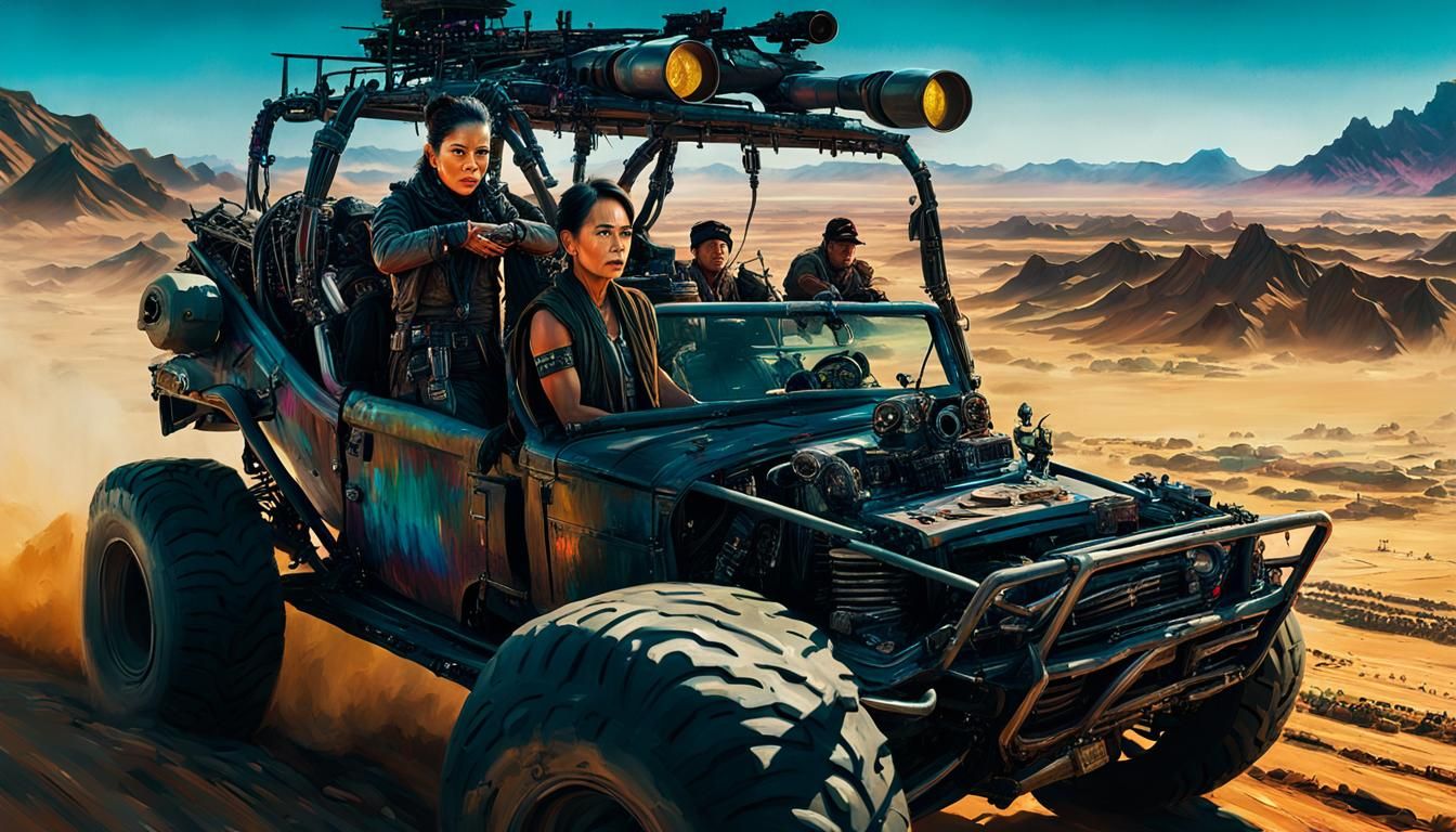 Mad Max fury road with Aung San Suu Kyi; epic, brilliant, stunning, 8 k resolution concept art, insanely detailed and in...