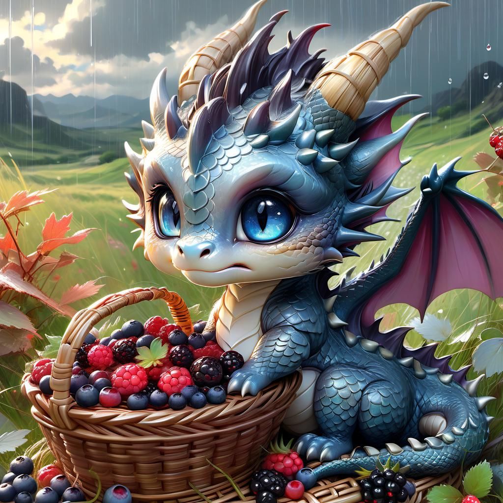 Adorable Chibi Dragon with Berries, Anime Style