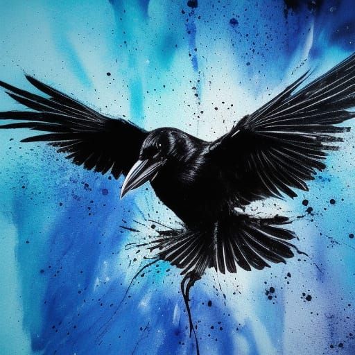 Hyperrealistic Raven with Blue Paint Splatter Art
