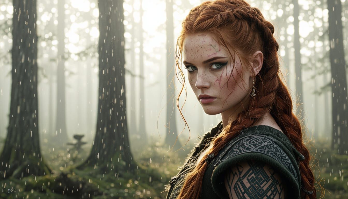 Viking Woman with Tattoos in Forest: Digital Painting