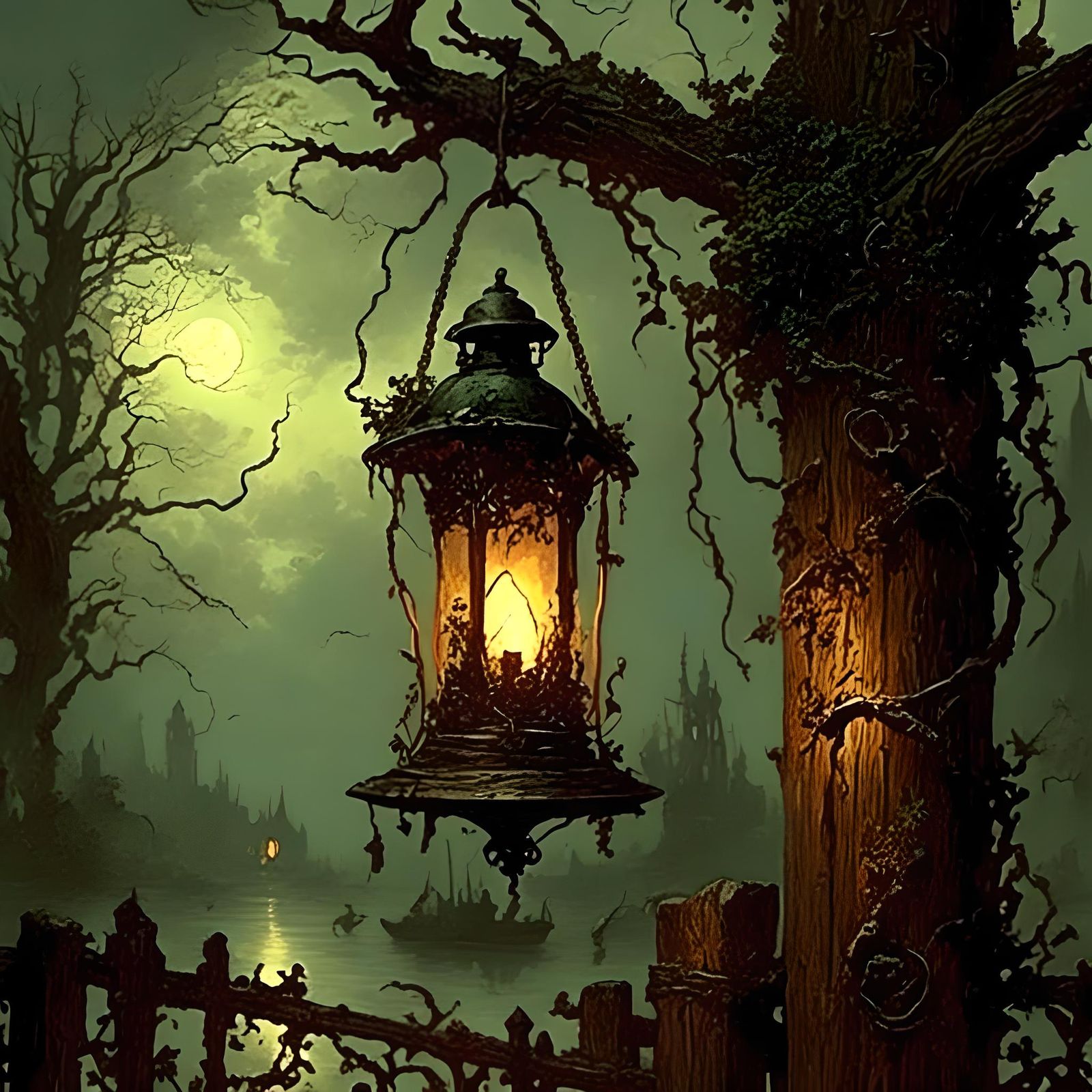 Lantern Light on an Old Wooden Post