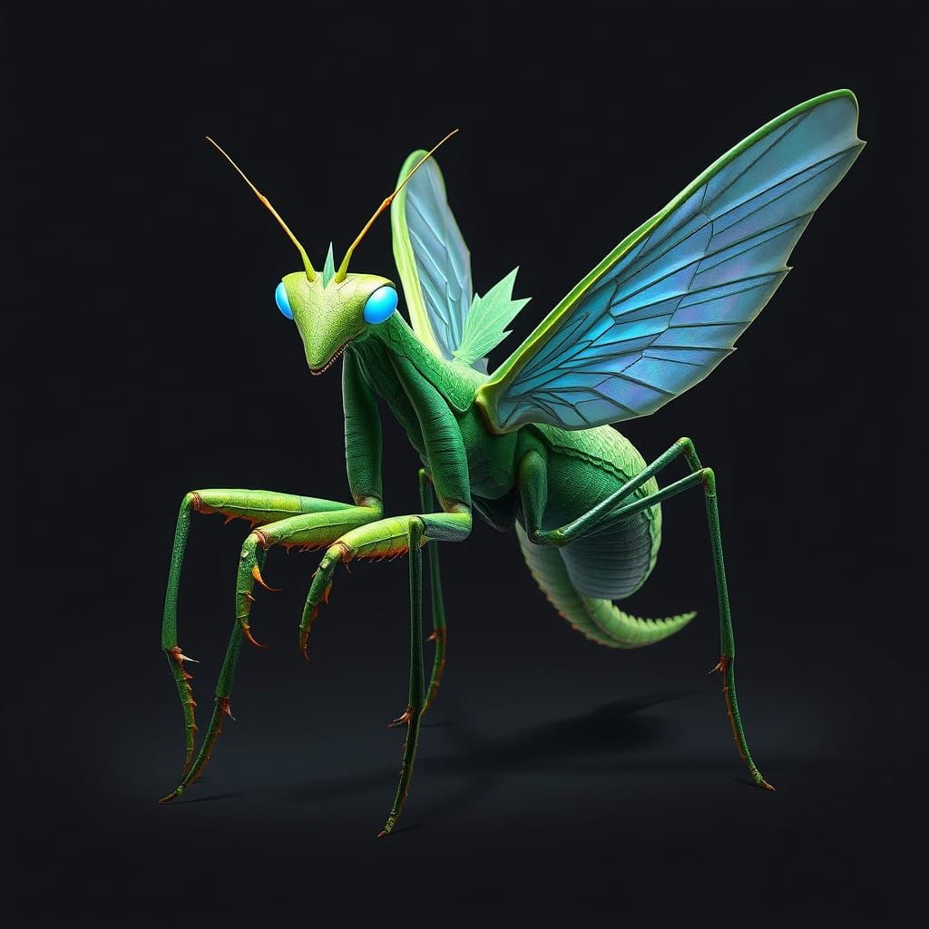 Electric Green Praying Mantis Chimera with Serpent Scales an...