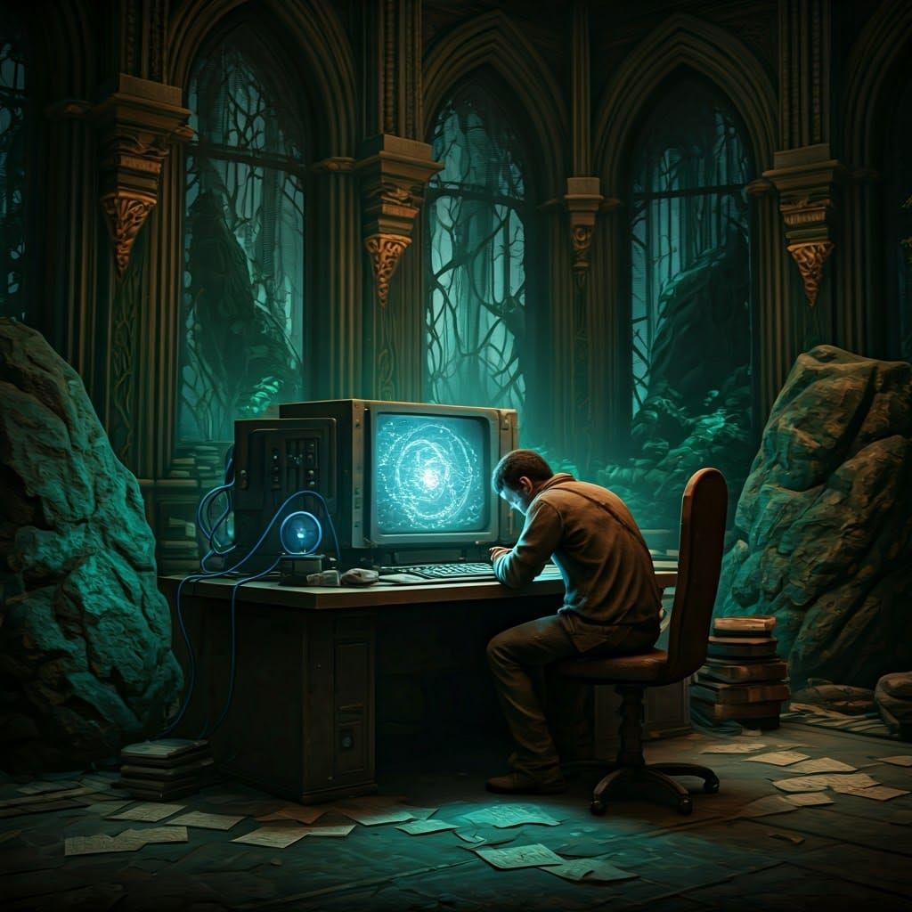 Melancholic Man in Cyberpunk Chamber with Ornate Computer