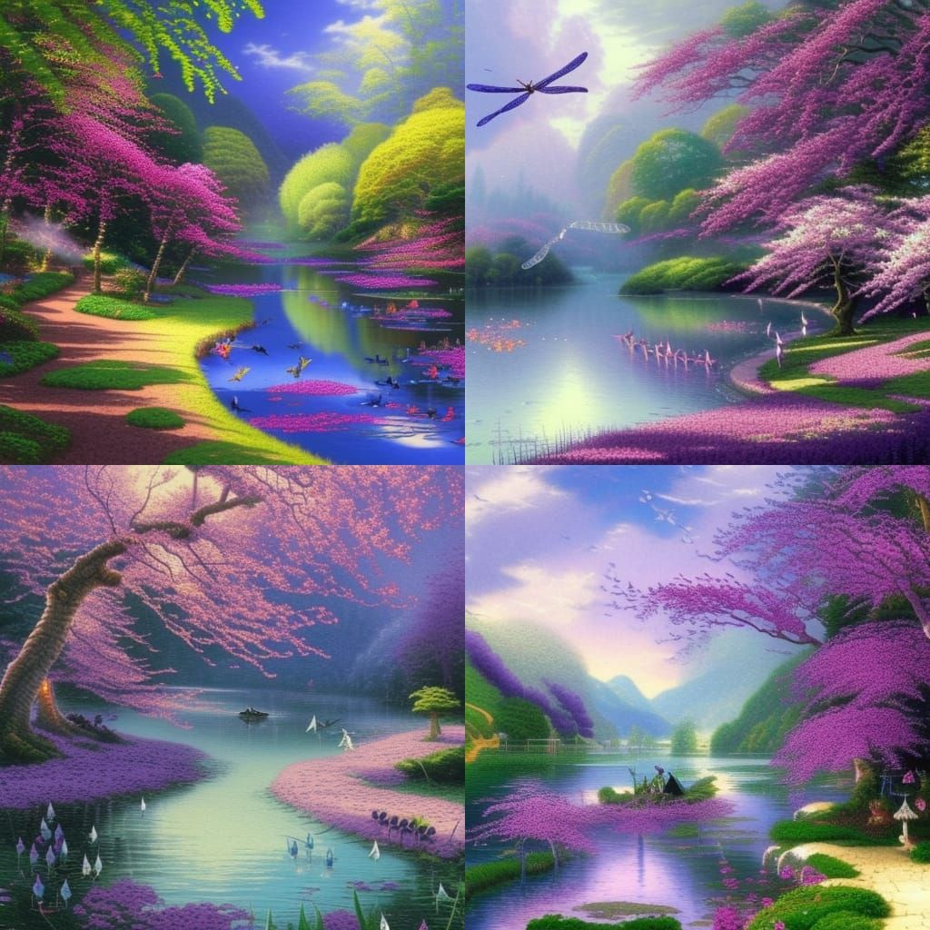 Purple dragonflies& blue dragonflies& green dragonflies& beautiful background with beautiful lake& Cherry blossom trees