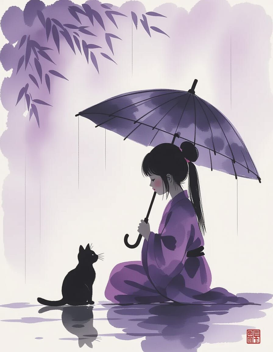 Minimalist Chinese Watercolor: Girl and Cat Under Umbrella