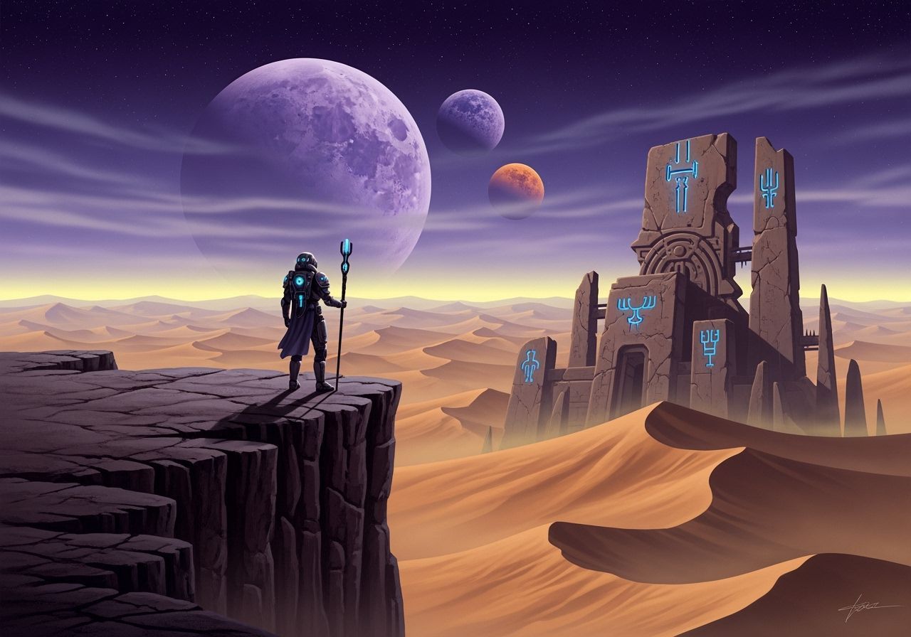 Sci-Fi Explorer on Alien Desert, Classic Book Cover Style