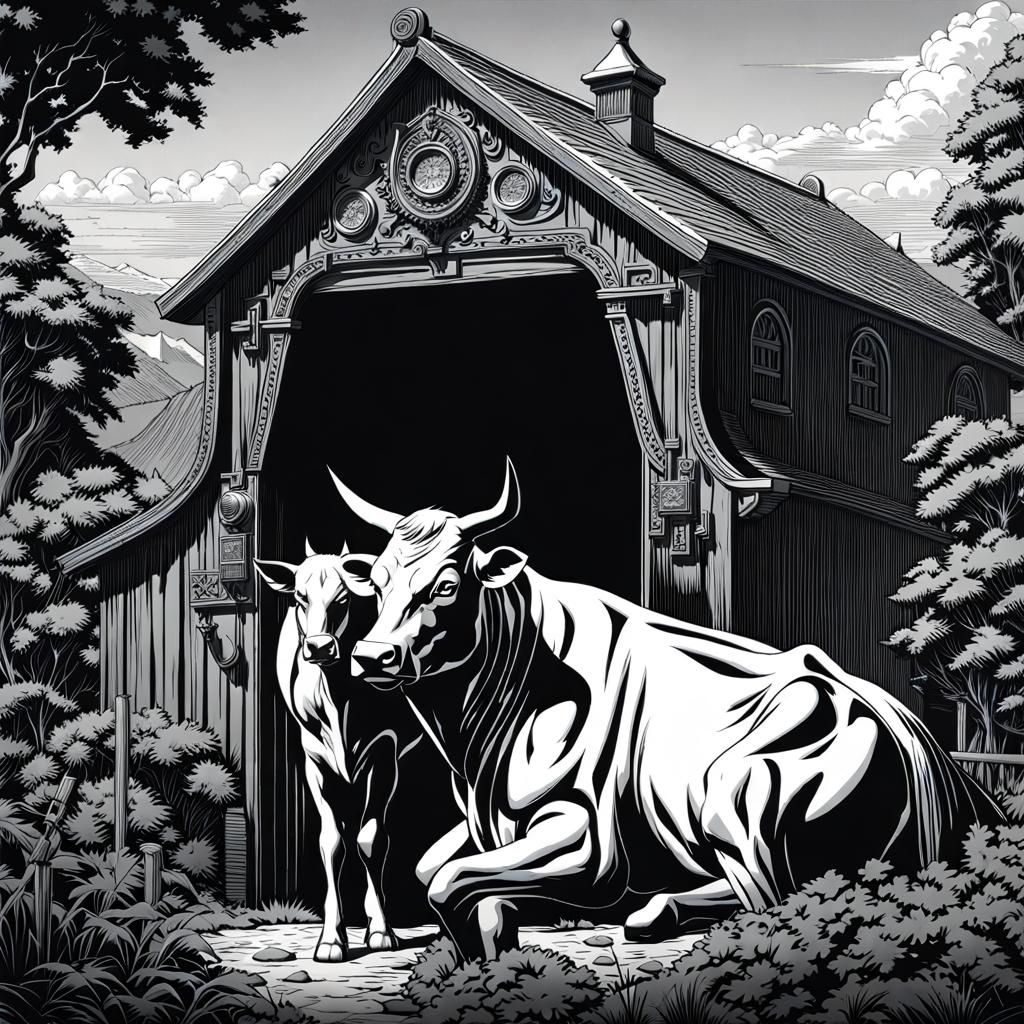 Batman milking a cow hyperdetailed intricately detailed Unreal Engine Gustave Doré monochromatic underground comix photo...