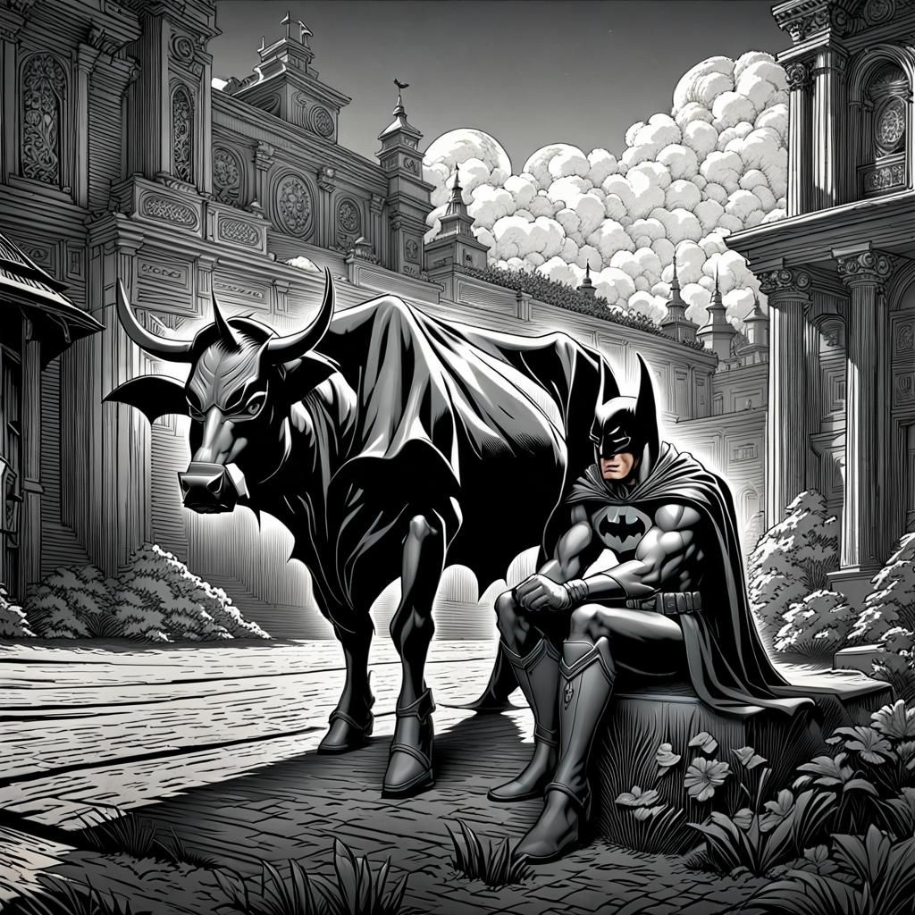 Batman milking a cow hyperdetailed intricately detailed Unreal Engine Gustave Doré monochromatic underground comix photo...