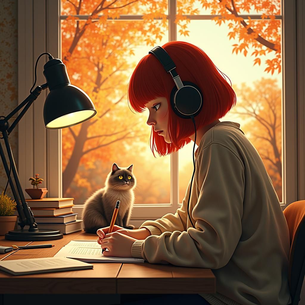 Lofi Girl Studying in Autumn Landscape